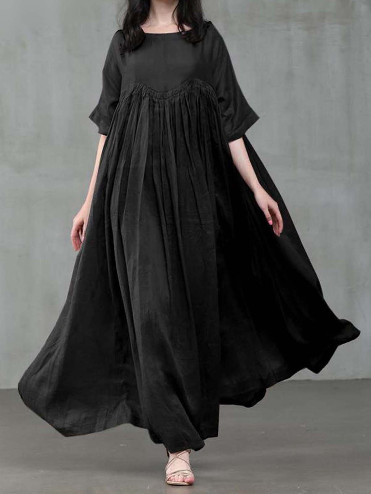 Casual Plain Round Neck Half Sleeve Flowy Maxi Dress