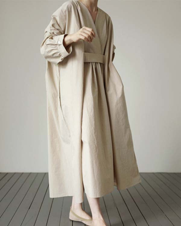 Elegant V-neck Cotton Loose Solid Color Long Dress