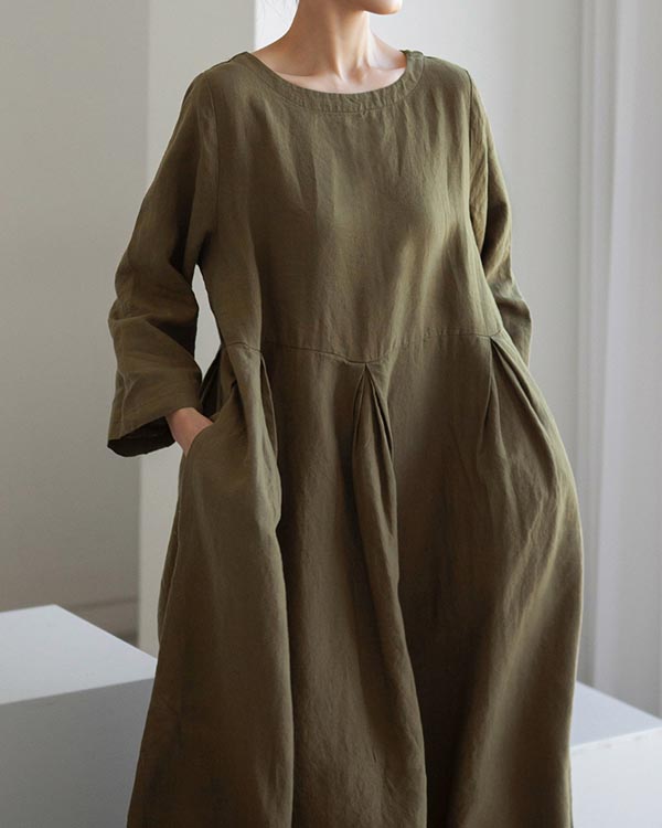 Elegant Round Neck Loose Cotton Linen Dress