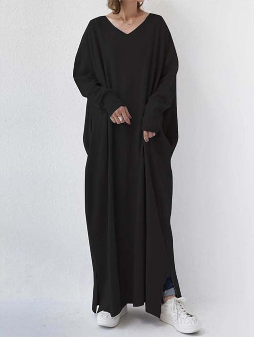 Solid V Neck Long Sleeve Slit Hem Pocket Maxi Dress