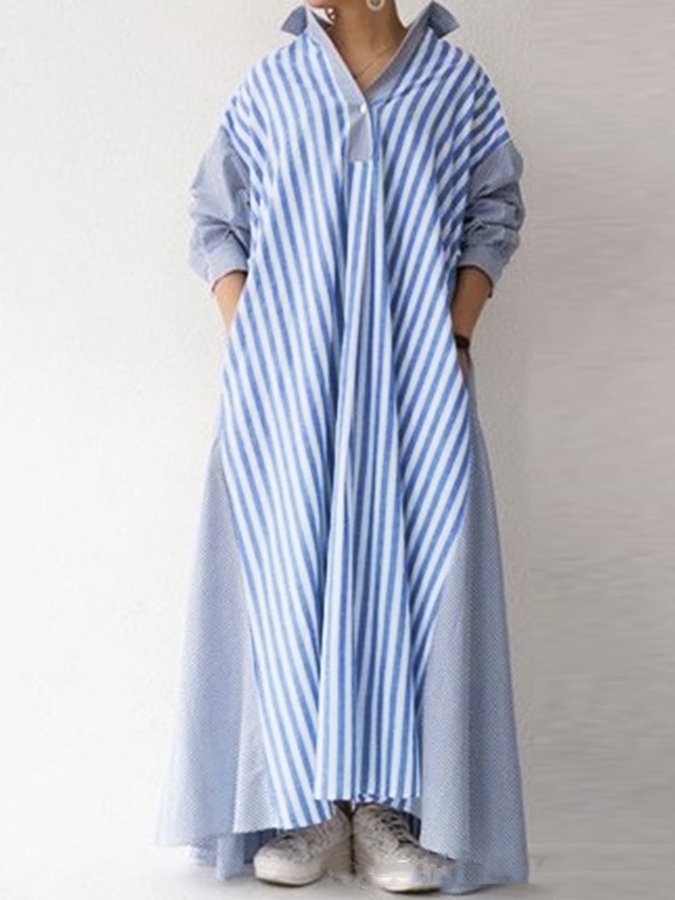 Women's V-Neck Long Sleeve Striped Shirt Dress