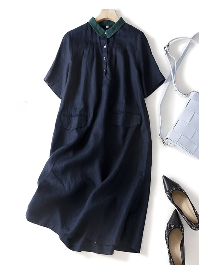 Literary Retro Cotton Linen Polo Dress