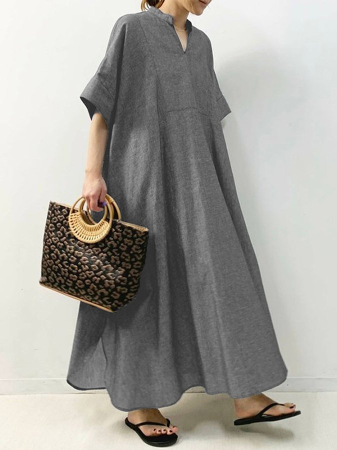 Women's V-Neck Half Sleeve Cotton Linen Dress