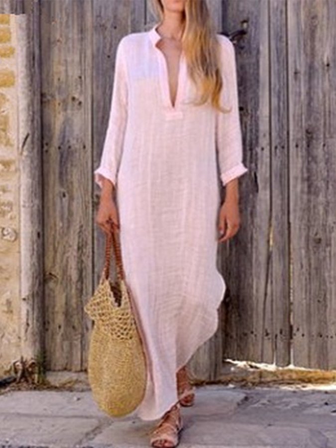 Women's Solid Color Deep V-Neck Slit Long Dress