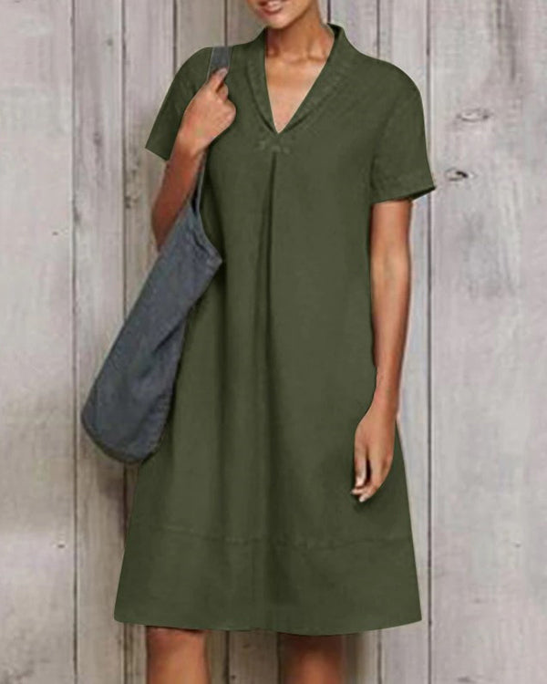 Casual Short Sleeve Pure Linen Mini Dress