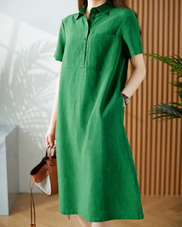 Linen Cotton Short Sleeve Simple Dress