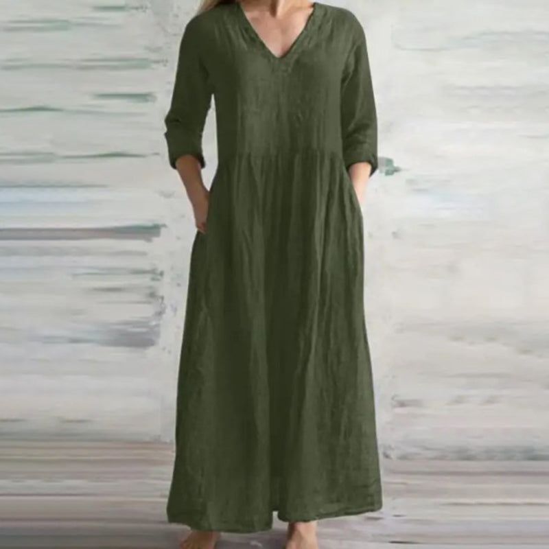 Solid Comfortable Casual Pocket V-Neck 3/4 Sleeve Pleated Maxi Dress