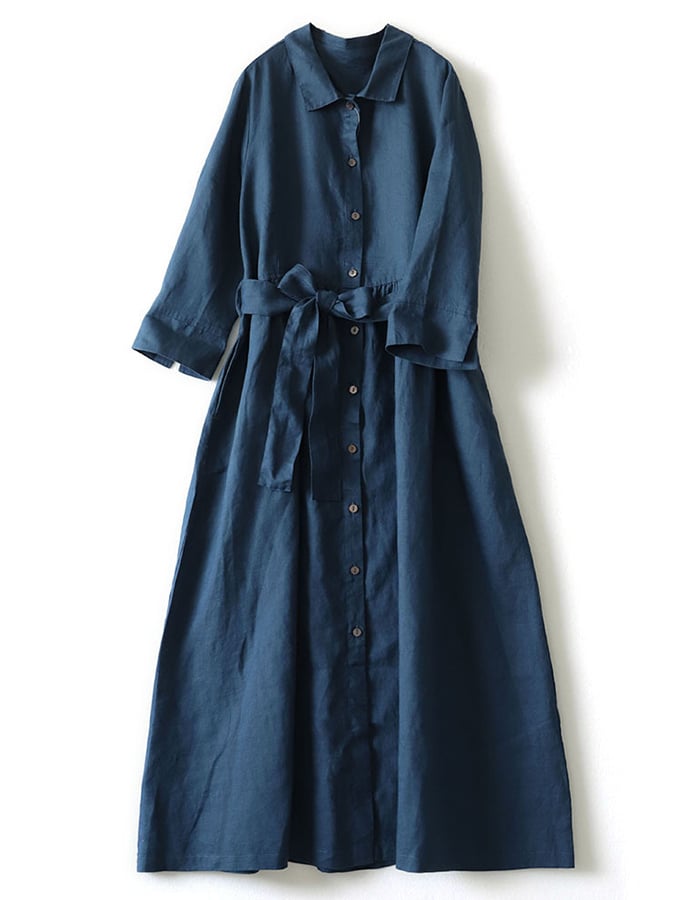 Cotton Linen Lapel Button Belt Solid Color Shirt Dress