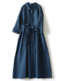 Cotton Linen Lapel Button Belt Solid Color Shirt Dress
