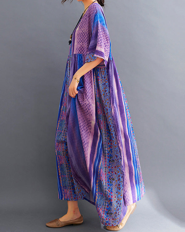 Retro Round Neck Short Sleeve Printed Loose Midi Dress