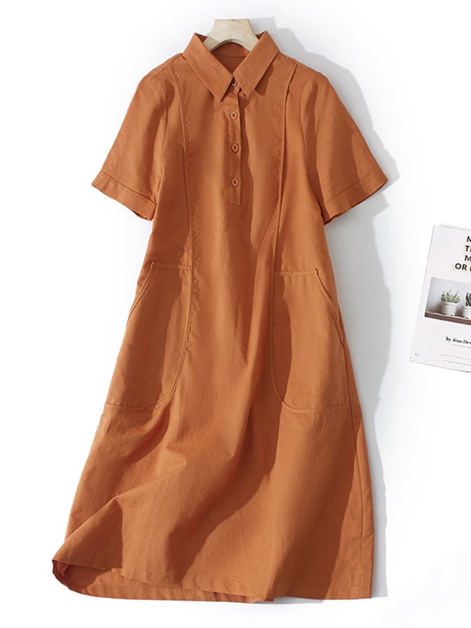 Loose Solid Cotton Linen Lapel Short Sleeve Dress