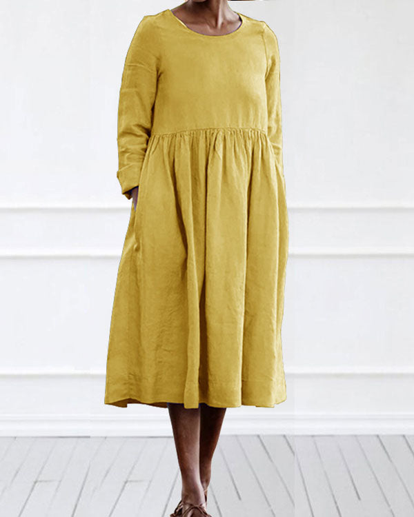 Casual Linen Cotton Plain Color Long Sleeve Midi Dress