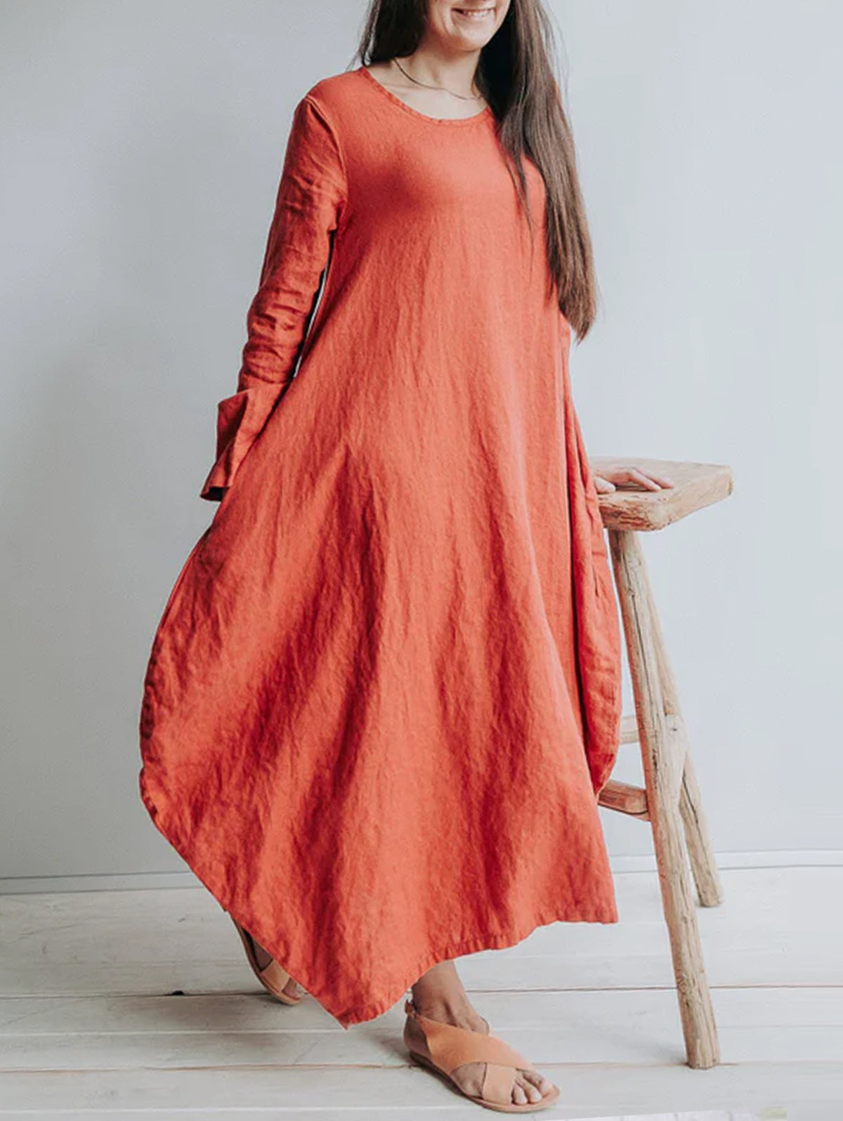 Classic Solid Round Neck Linen Maxi Dress