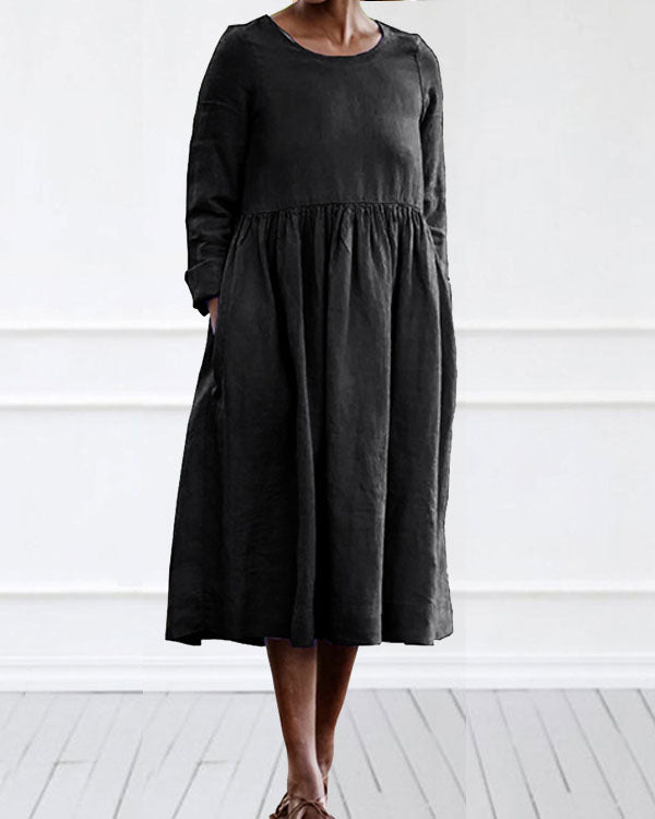 Casual Linen Cotton Plain Color Long Sleeve Midi Dress