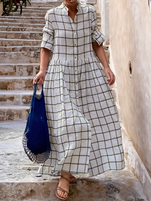 Casual Long Sleeve Cotton Linen Plaid Shirt Swing Dress