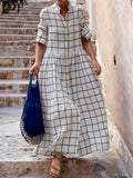 Casual Long Sleeve Cotton Linen Plaid Shirt Swing Dress