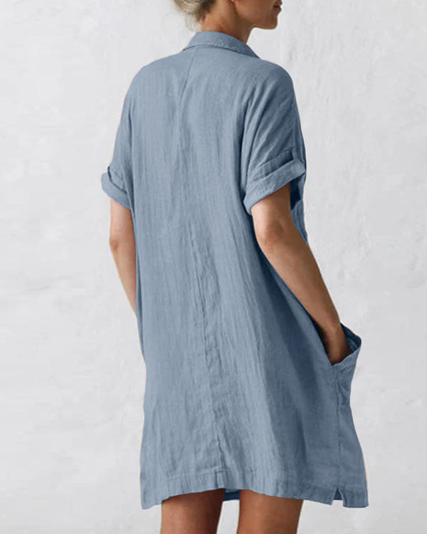 Women Plus Size Pockets Short Sleeve Button Linen Dresses