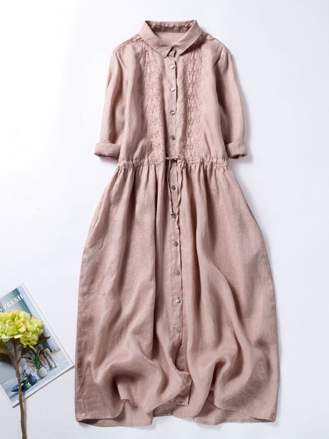 3/4 Sleeves Cotton Linen Loose And Slim Embroidered Dress