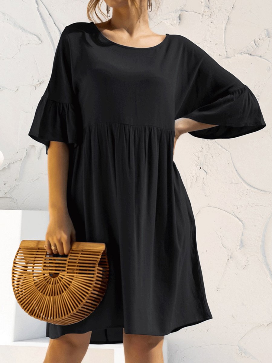 Women's Solid Color Flared Sleeve Pleated Cotton Linen Dress