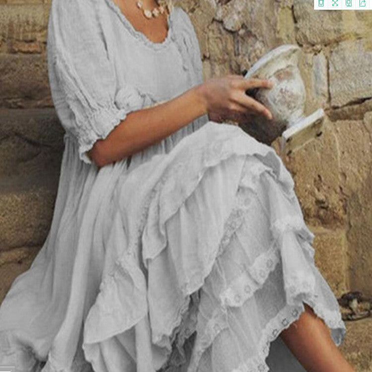 Vintage Cotton Linen Layer Ruffle Comfy Maxi Dress