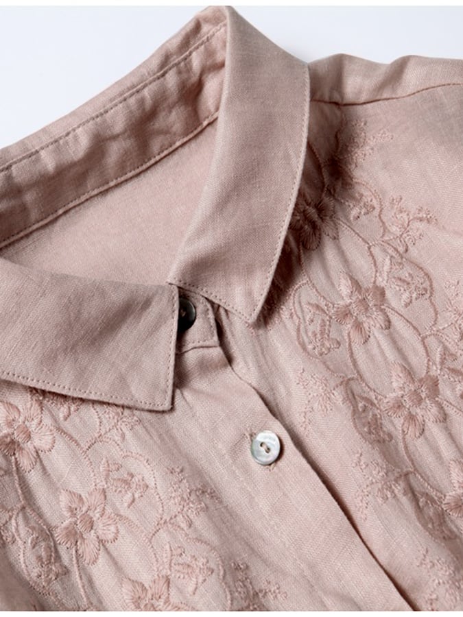 3/4 Sleeves Cotton Linen Loose And Slim Embroidered Dress