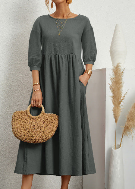 Solid Color Long Sleeve Loose Linen Slip Pocket Dress