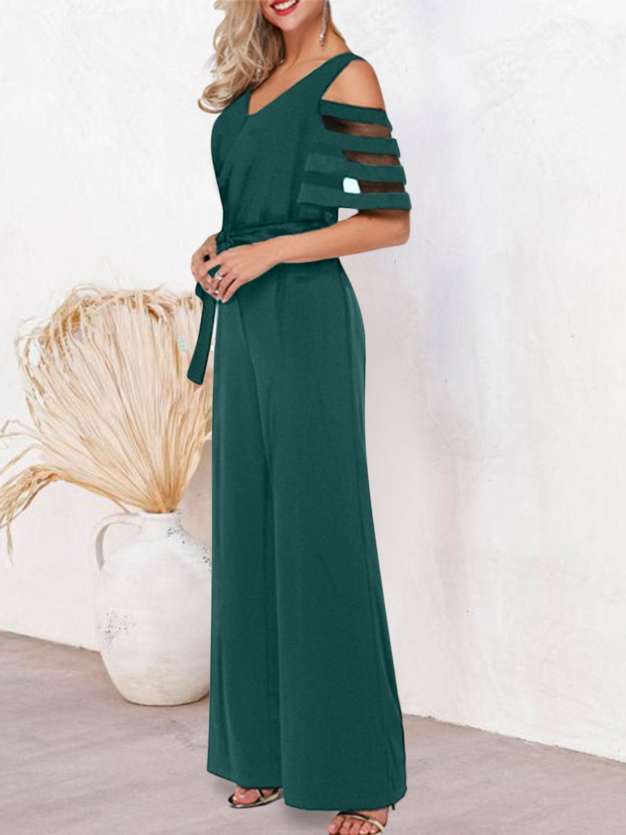 Mesh Patchwork Sleeves V Neck Formal Dressy Jumpsuit