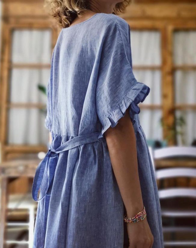 Casual Vacation Cotton and Linen Round Neck Dress with Ruffled Sleeves