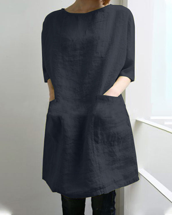 Plus Size Solid Half Sleeve Crew Neck Pocket Linen Dress