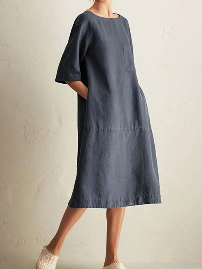 Solid Linen Crew Neck Dress