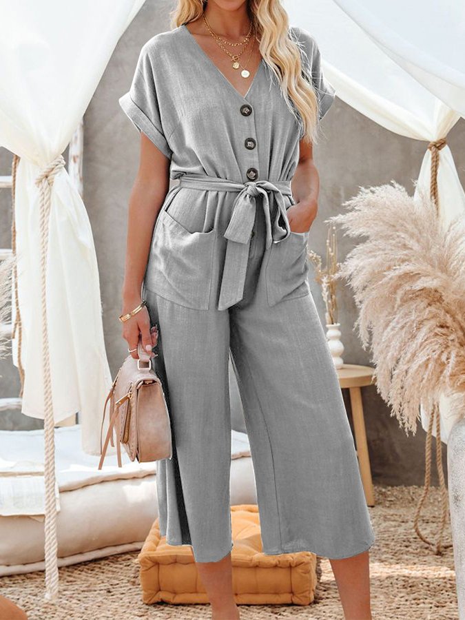 Women's V-Neck Short Sleeve Pocket Cotton Linen Jumpsuit