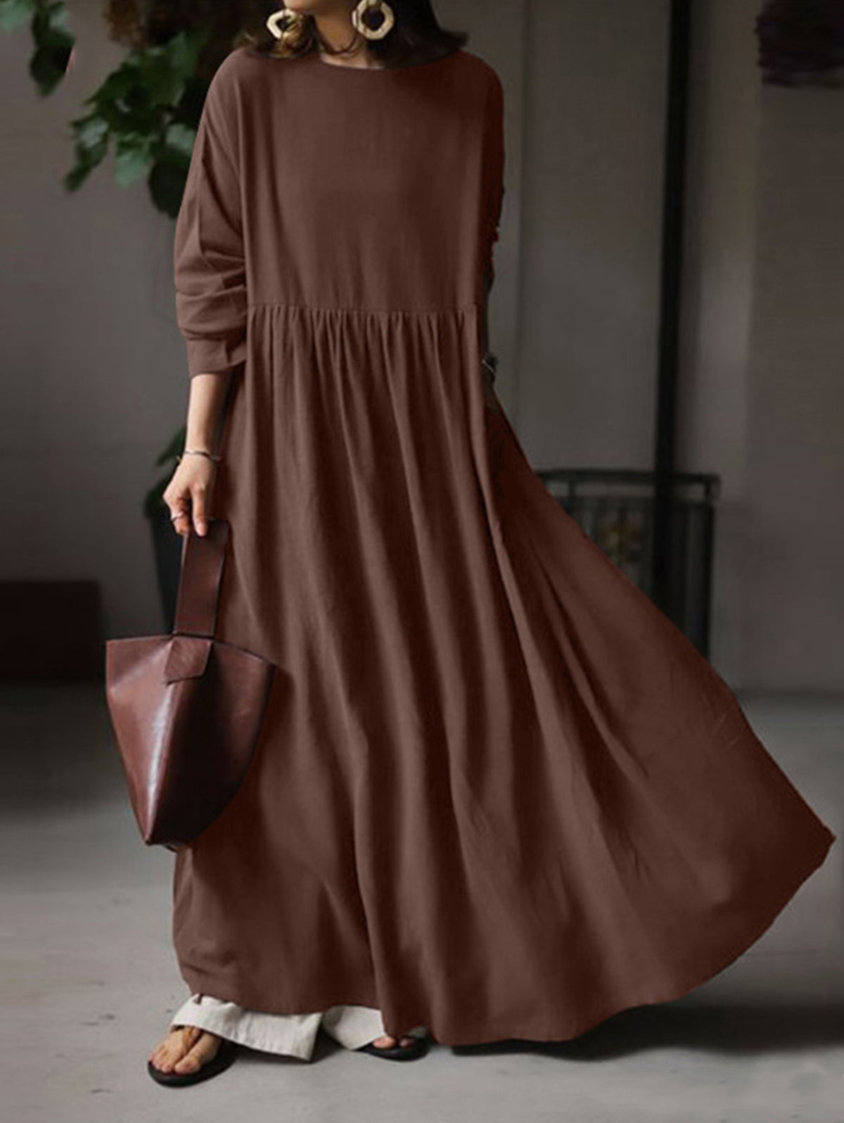 Daily Crew Neck Long Sleeve Pocket Solid Loose Maxi Dress