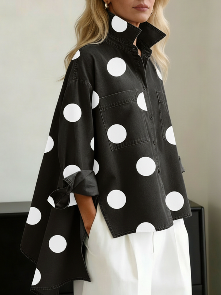 Elegant Artistic Polka Dot Print Stand-collar Cotton Top