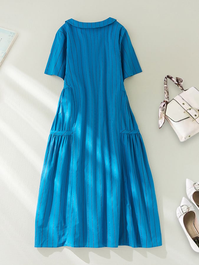 Striped Underbelly Mid Length Polo Collar Cotton Linen Dress
