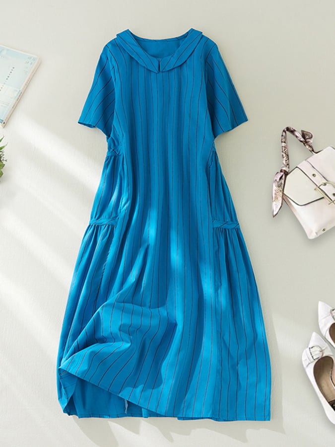 Striped Underbelly Mid Length Polo Collar Cotton Linen Dress