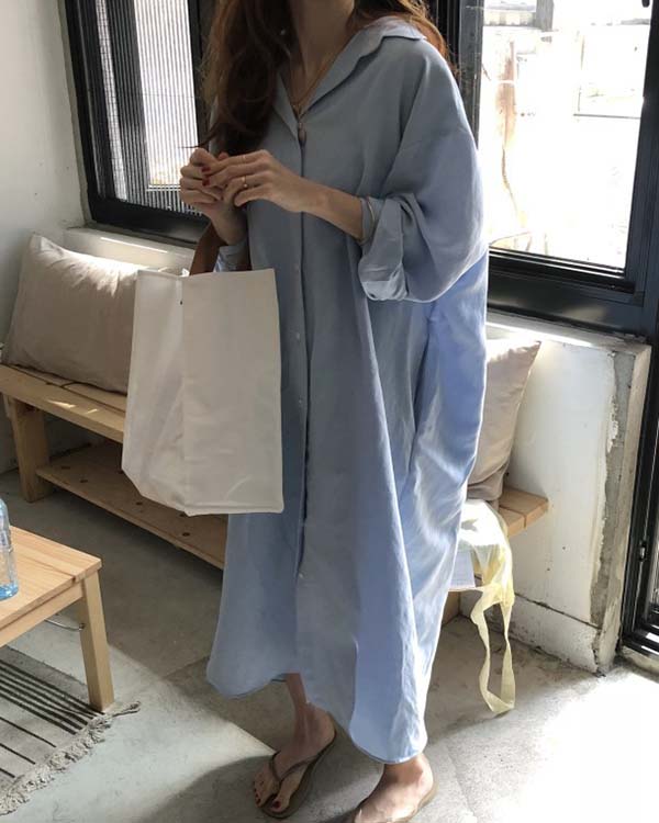 Casual Loose Solid Color Cotton Linen Shirt Dress