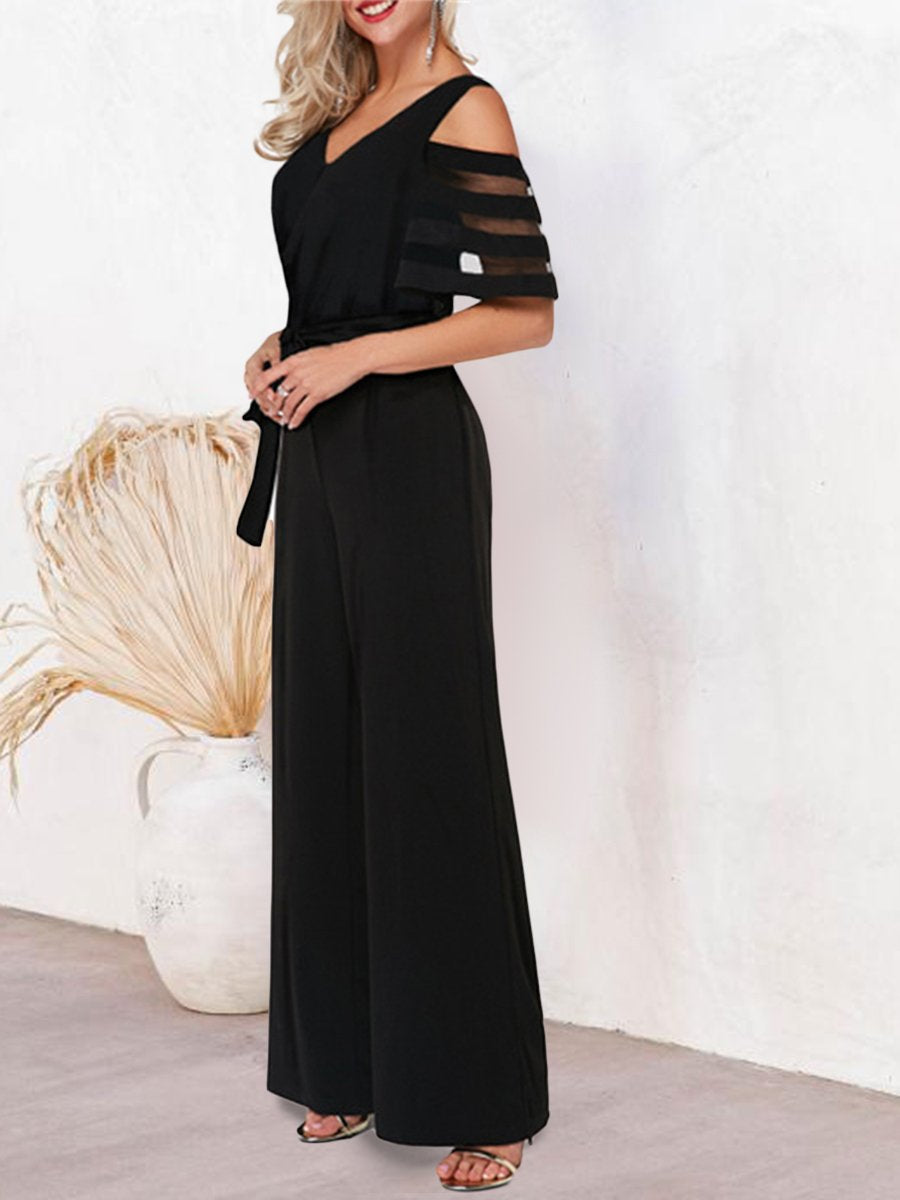 Mesh Patchwork Sleeves V Neck Formal Dressy Jumpsuit