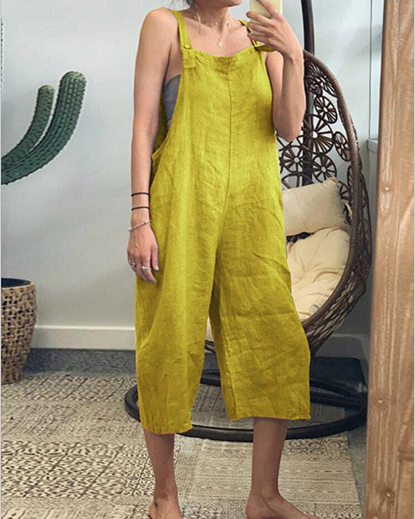 Plus Size Linen Solid Women Jumpsuits With Pockets