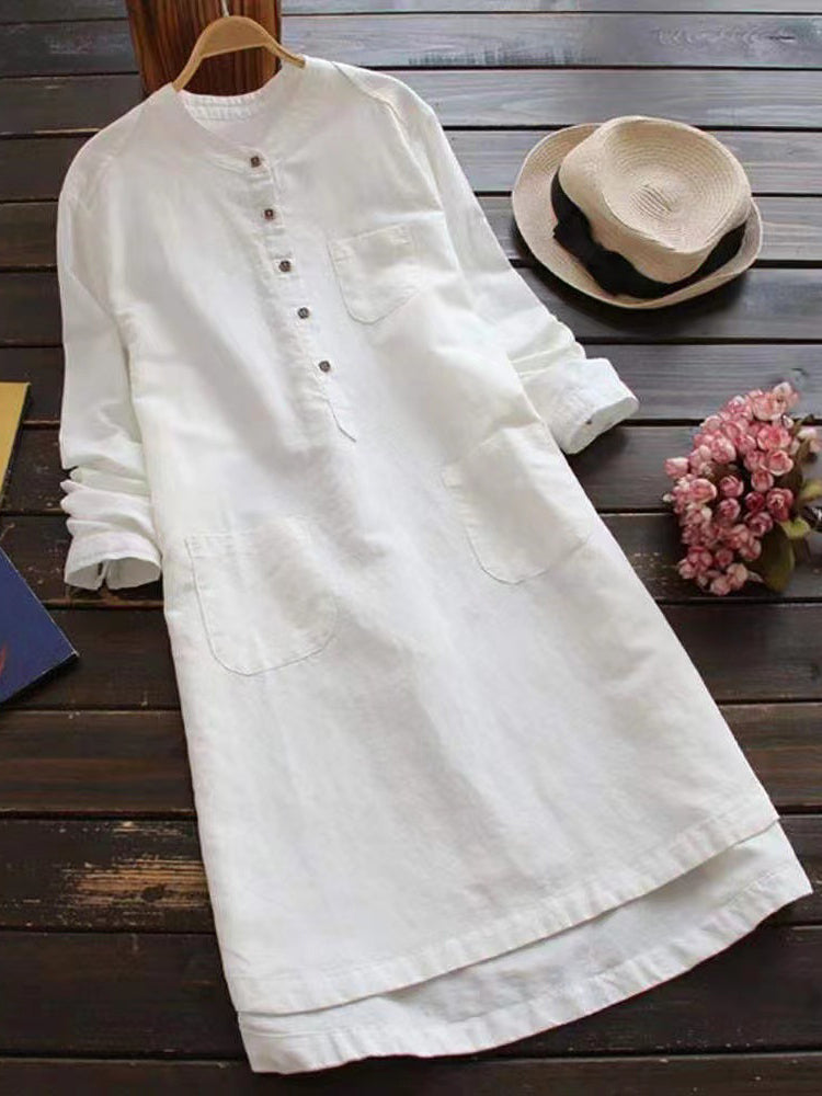 Vintage Solid Button Comfy Long Sleeve Midi Dress