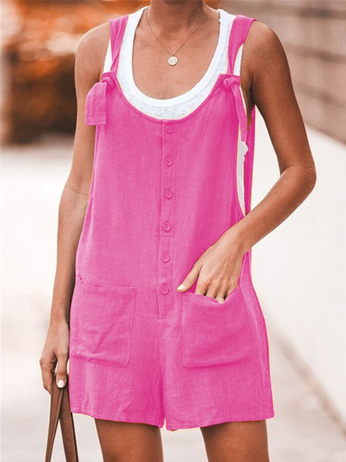 Ladies Spring/Summer Solid Color Round Neck Button Loose Short Jumpsuit