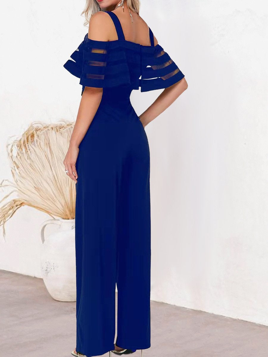 Off Shoulder Sheer Mesh Sleeves Straight  Jumpsuit
