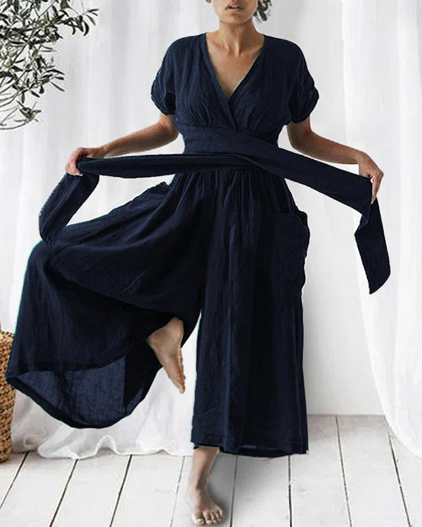 Solid Linen Relaxed Loose Tie Jumpsuit (Green In Stock)