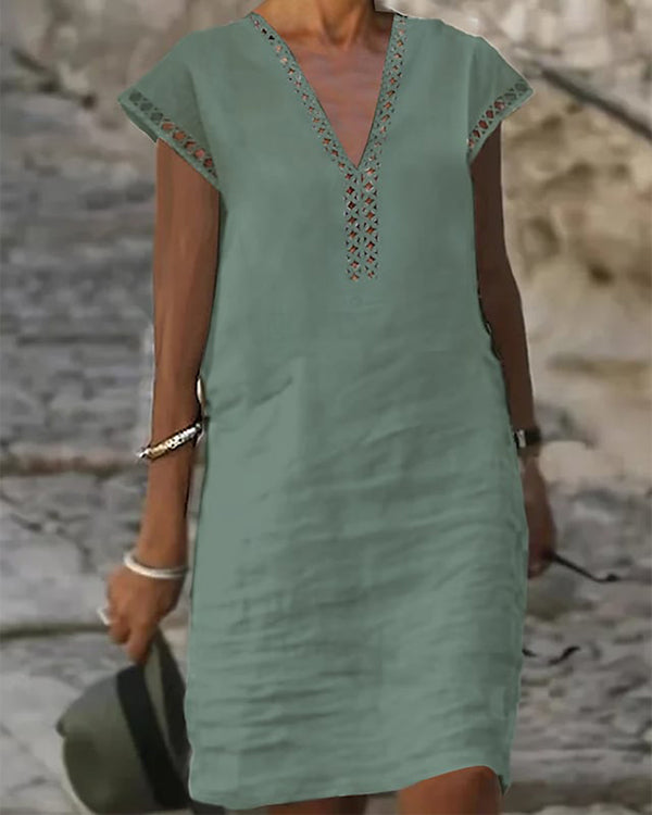 Casual Cotton Linen V-neck Hollow Short-sleeved Dress
