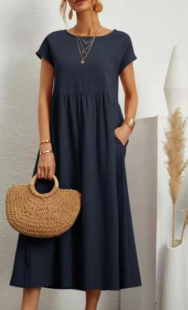 Solid Sleeveless Loose Linen Pocket Dress