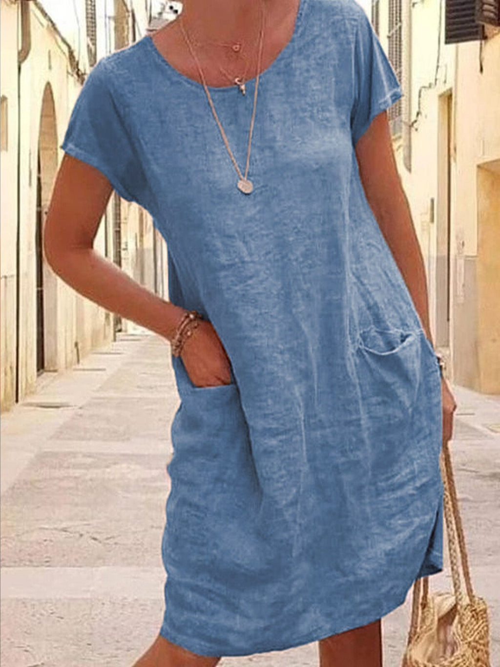Women's Loose Round Neck Cotton Short Dress